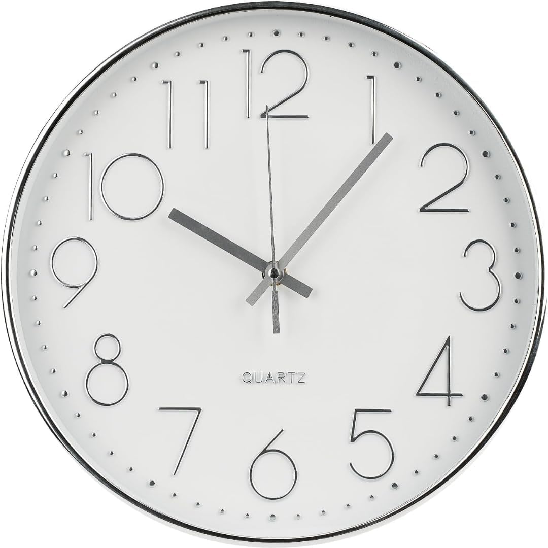 OVER LU | Large Wall Clock 30 cm, Non-Ticking, High Quality Quartz Crystal Round Clock, Home Decor, Suitable for Living Room, Dining Room, Bedroom, School Classroom, Gift (White & Silver)