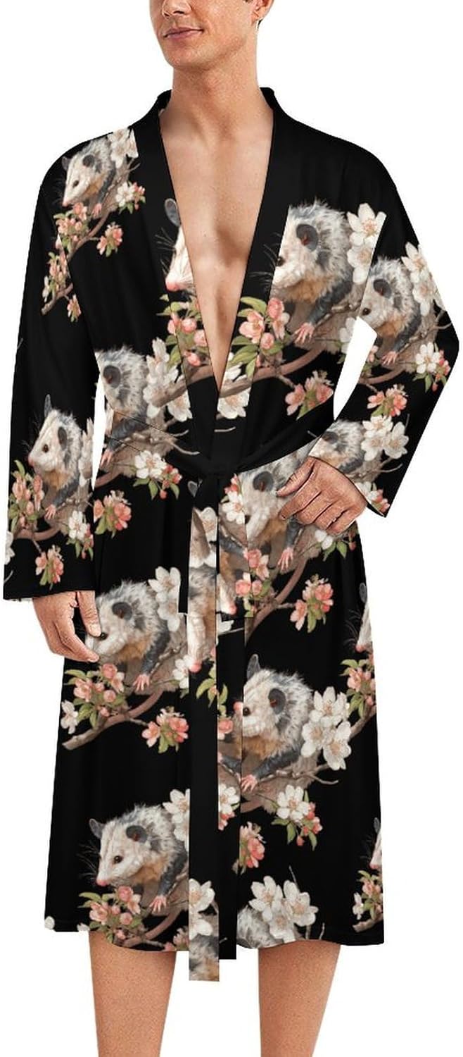 Opossum Tree Branch Flowers Casual Robes Bathrobe Knee Length V-neck Loungewear Sleepwear