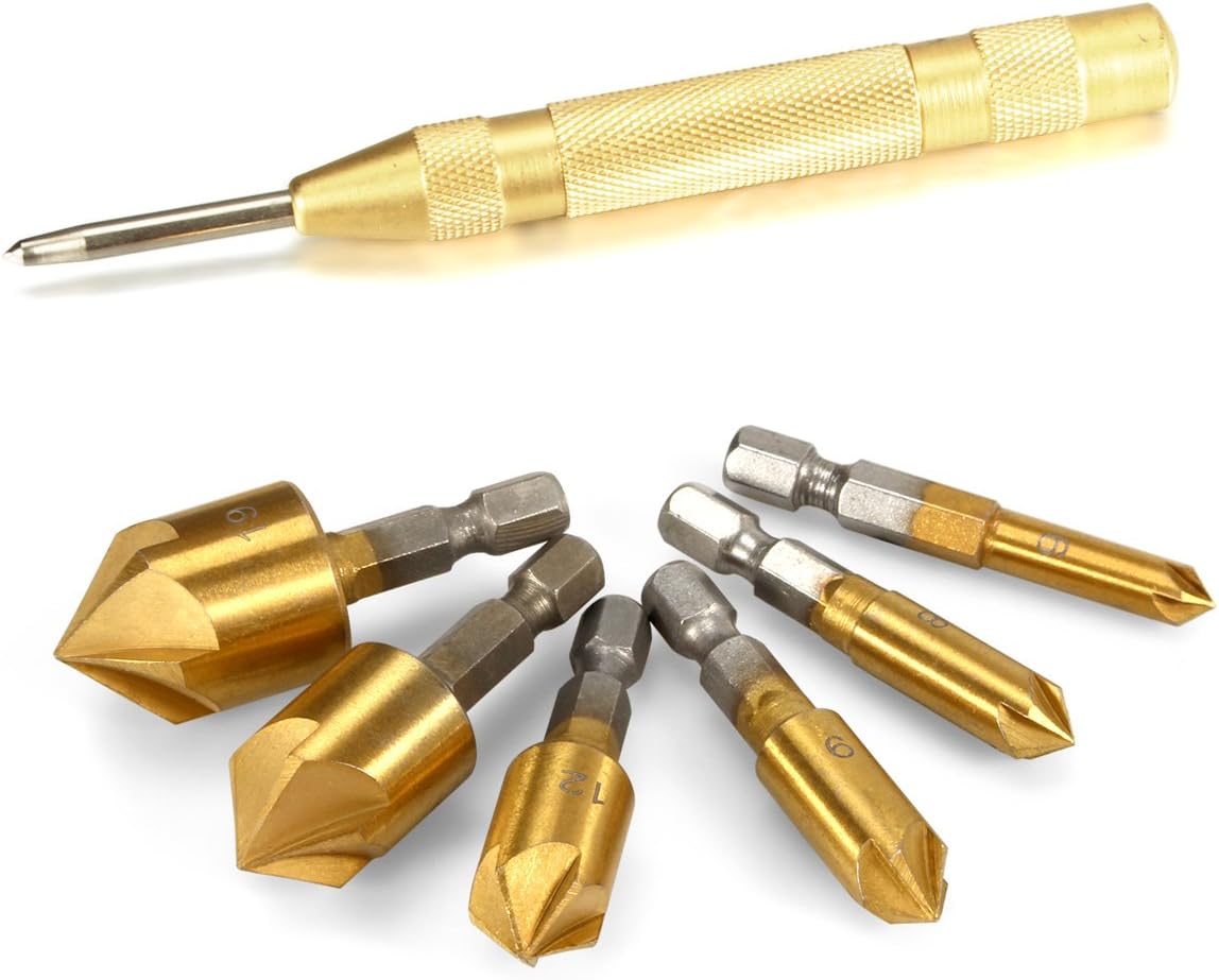 Countersink Drill Bits Center Punch Tool Sets, Sibaok 1 Pcs Brass Automatic Punch, 6 Pcs Hex Shank Five-blade Chamfering Drill Bit High Carbon Steel Titanium Plated for Wood DIY, 6/8/9/12/16/19mm