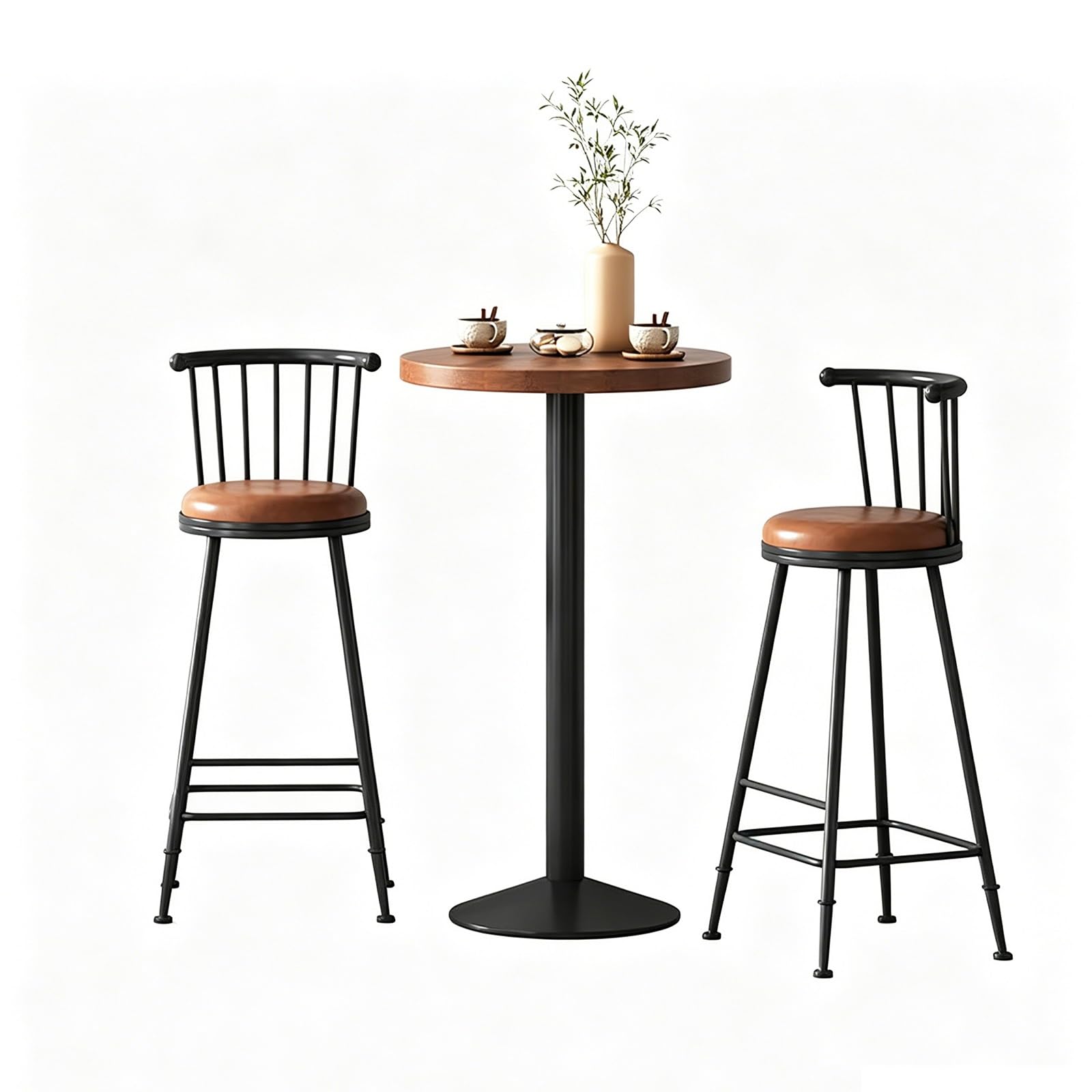 Ensemble Table De Bar Et Tabourets Style Industriel (3 PièCes) – avec 2 Ronds en Similicuir, Plateau Bois Massif PièTement MéTallique Robuste IdéAl pour îLot Cuisine, Maison Ou Bistro