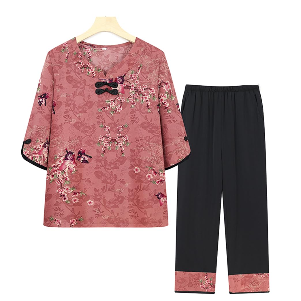 QPZK Women's Tang Suit Hanfu Silk Chinese Traditional Clothing Older Floral Prints Tai Chi Uniform for Women Martial Arts Kung Fu Clothing Short Sleeve Coat Tops Red-XL