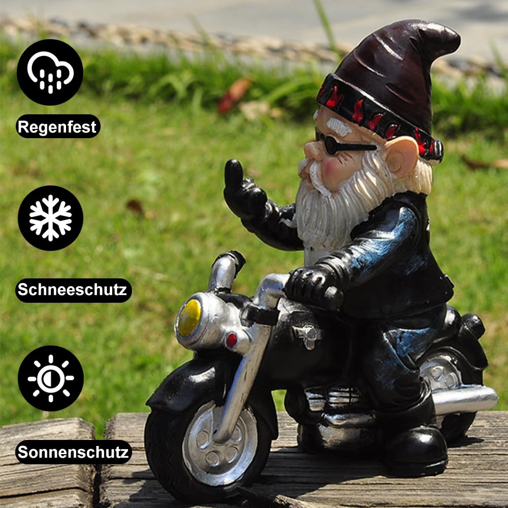 Voarge krasnal ogrodowy na motocyklu, dekoracja ogrodu, figurki ogrodowe do dekoracji, na trawnik, podwórko, balkon, werandę, taras, do domu, dekoracja ogrodu