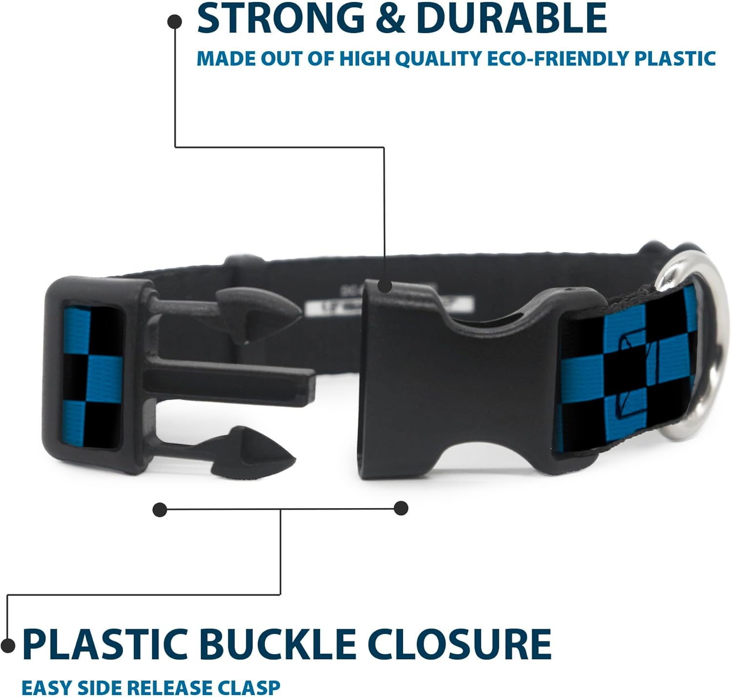 Buckle-Down Plastic Clip Collar - Checker Black/Turquoise - 1.5" Wide - Fits 13-18" Neck - Small