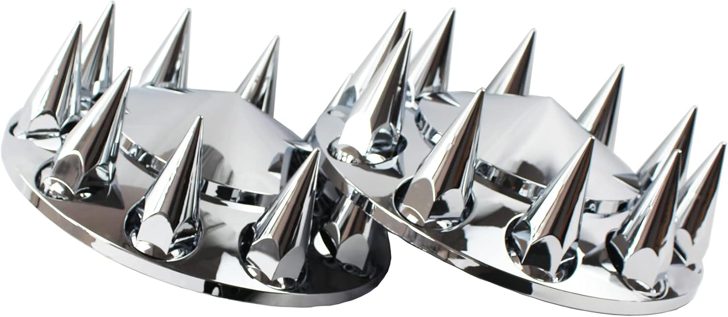 ABS Chrome Plastic Front and Rear Axle Cover Full Kits with 33mm Thread-On Flange Nut Covers and Removable Center Cap (Spiked)