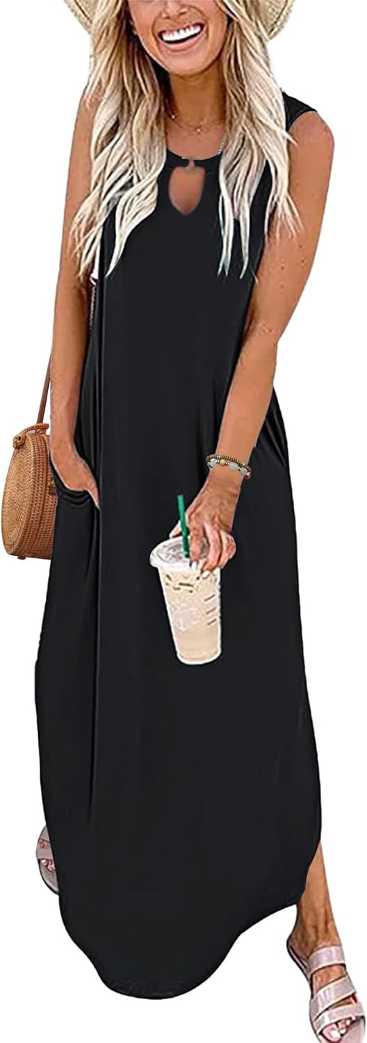 MISFAY Women's Summer Maxi Dress Sleeveless Casual Loose Long Beach Split Dresses with Pockets