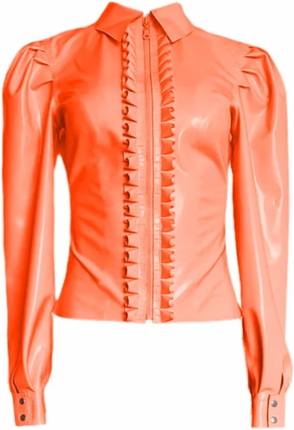 latex clothing Long Sleeve Slim Female Shirts Sissy Sexy Turn-down Collar Glossy Faux Latex Blosue Lady Shiny Zipper Tops