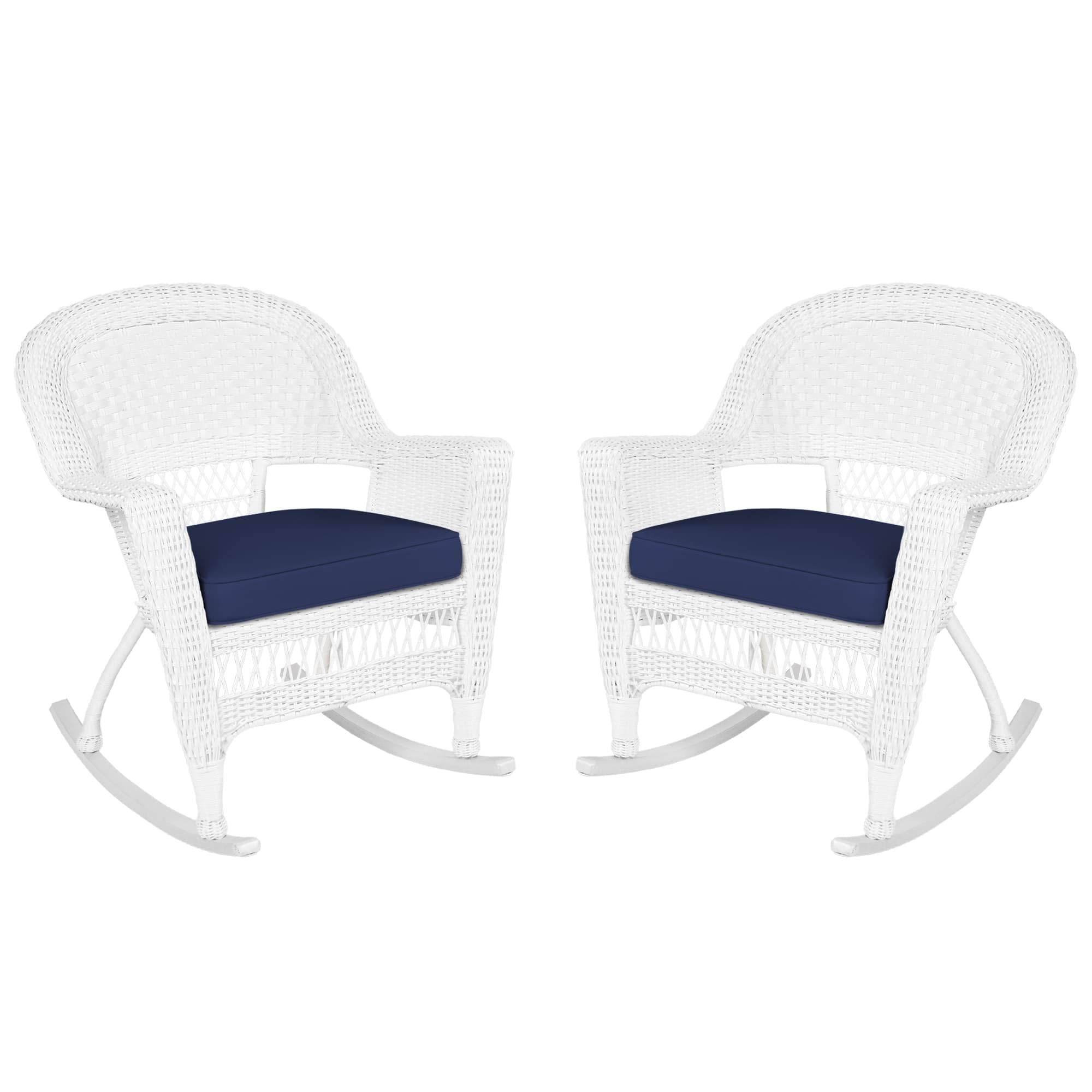 Jeco Rocker Wicker Chair with Blue Cushion, Set of 2, White