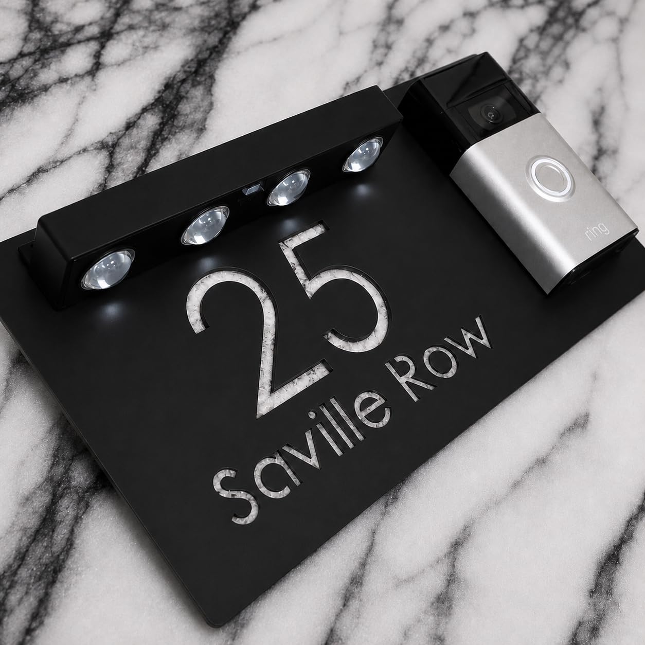 K Smart Sign | Bellissima LED DOORBELL F31 | Contemporary Customised House Video Doorbell Solar LED Signs 3d Door Numbers Street Address Number Plaques | 300mm x 160mm (Matt Black & White Marble)