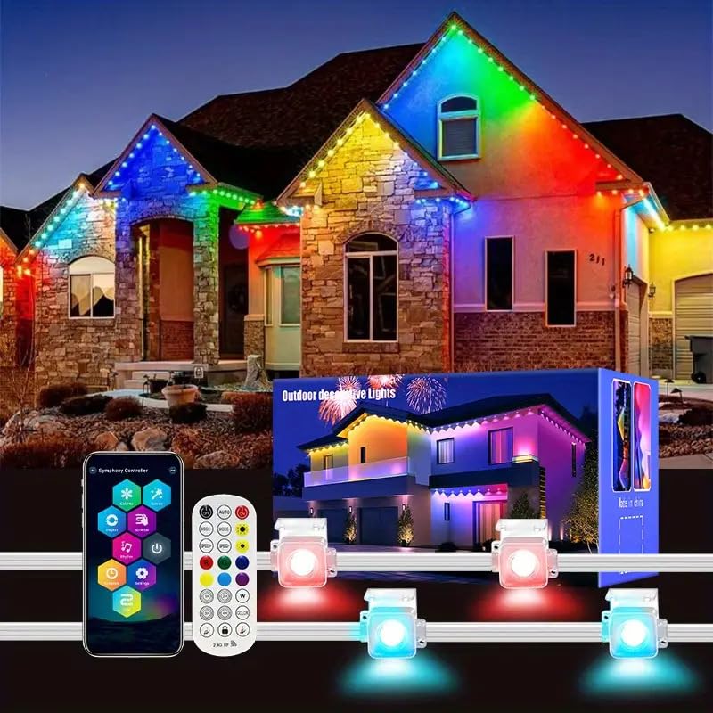 Image of Permanent Outdoor Lights, 200FT RGB LED Smart Eaves Lights with 120 LEDs, IP67 Waterproof, Remote /APP Control, DIY Scene Modes, Music Sync Lighting for Party, House, All Holiday Decorations