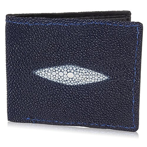Yoder Leather Company Genuine Stingray Skin Leather Bifold Wallet for Men, High-Shine Finish, 6 Card Slots, Navy