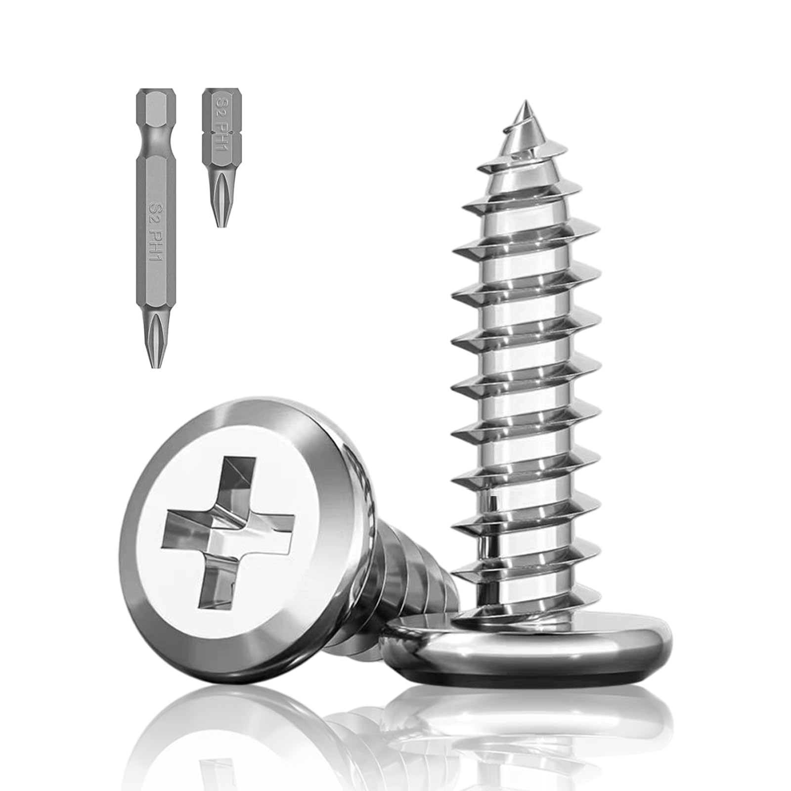 30Pcs M6 x 20mm Flat Head Self-Tapping Screws, 304 Stainless Steel Phillips Drive Fastener Screws, Cross Drive Self Drilling Screws 2 Bits for Wood, Furniture and DIY Projects
