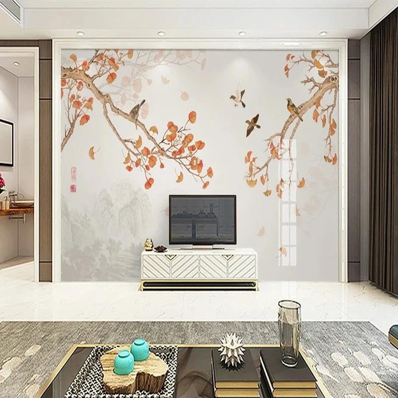 Papier peint branches oiseaux 3D décor mural salon chambre intissé