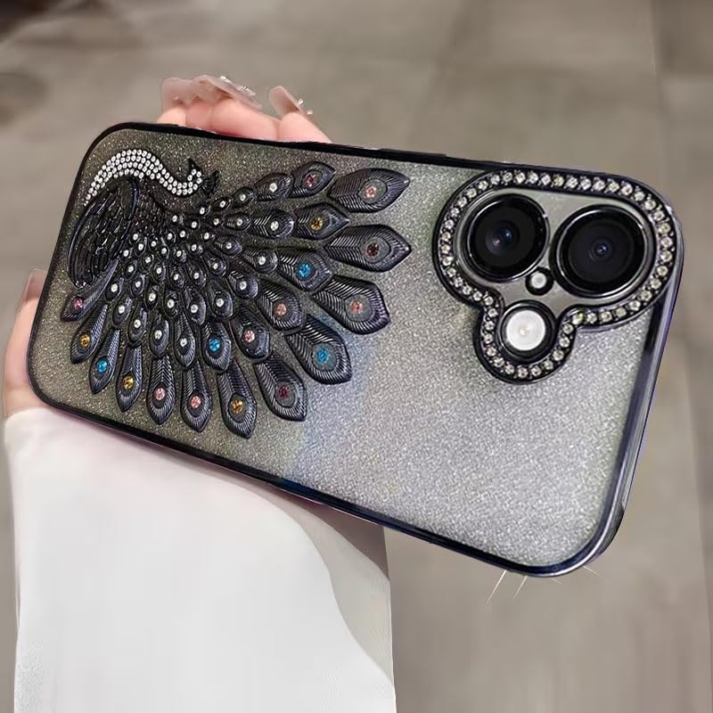 Image of mobistyle Designed for iPhone 16,3D Diamond Luxury Electroplate Glitter Peacock Tail Bling Design Camera Protection Shockproof Phone Case for (Black, iPhone 16)