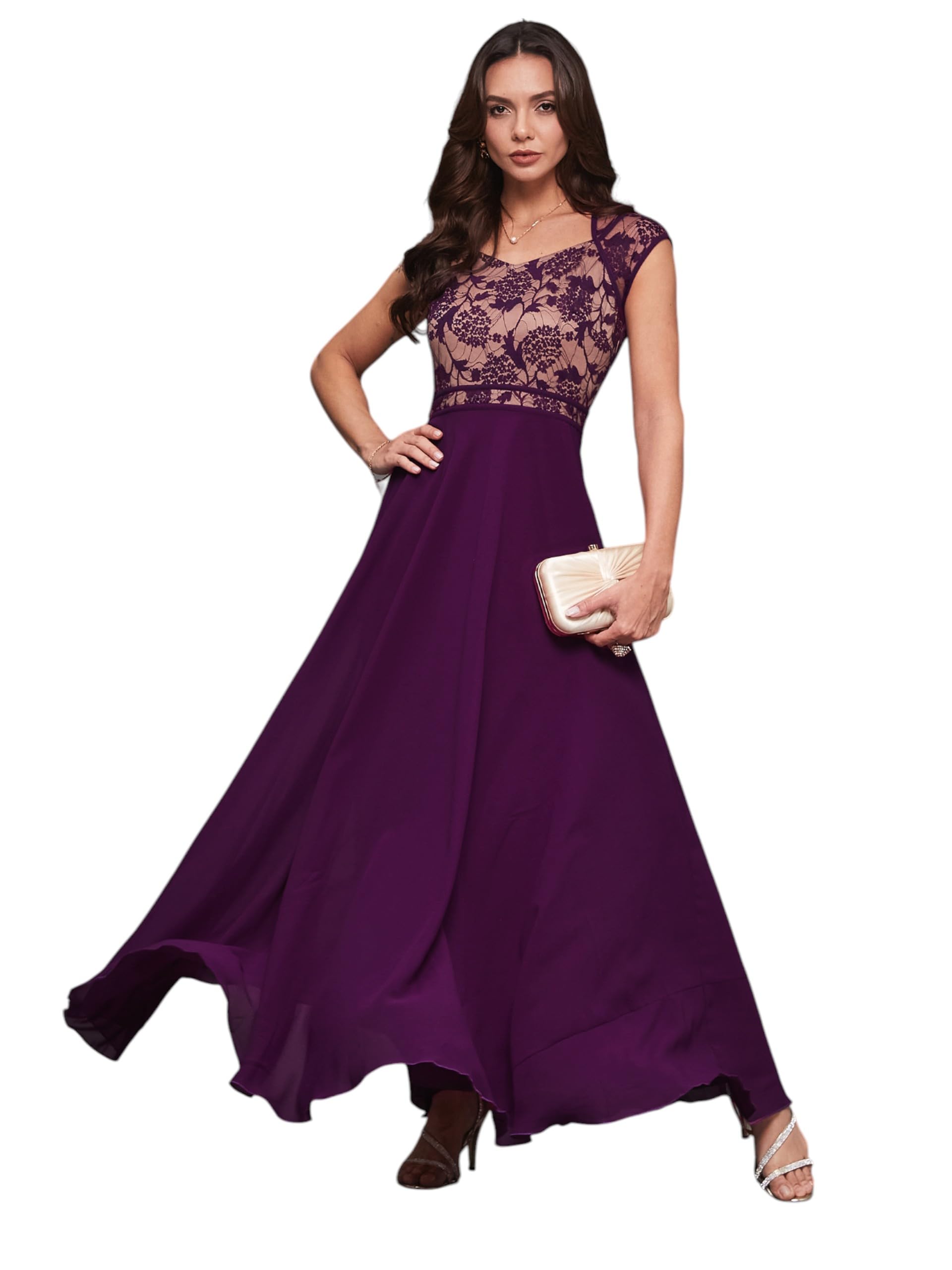 Miss Chase Women's Sweetheart Neck Cap-Sleeve Floral Maxi Dress (Mcss25D93-27-289-04, Dark Purple, M)