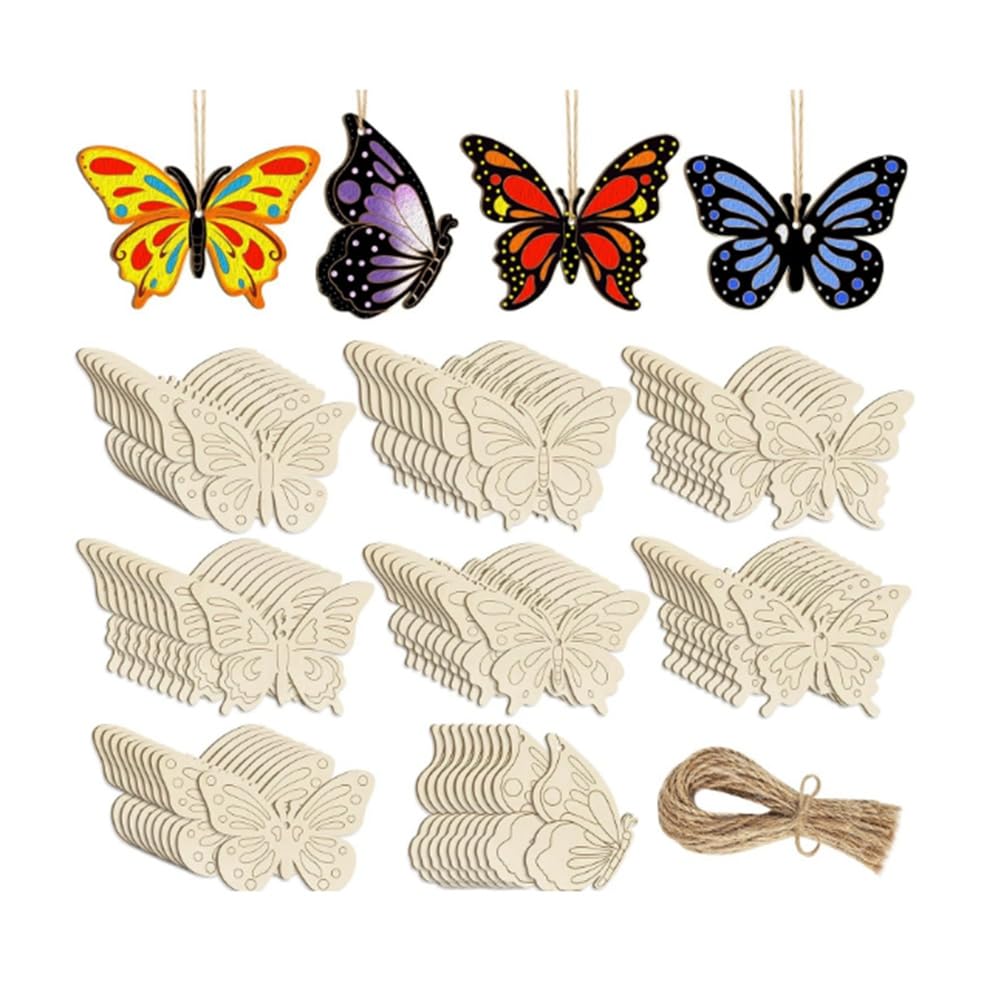 CTRLZS 40PCS Wooden Hollow Butterfly Ornaments to Paint, 8 Styles DIY Blank Unfinished Wood Cutouts Ornament for Crafts Hanging