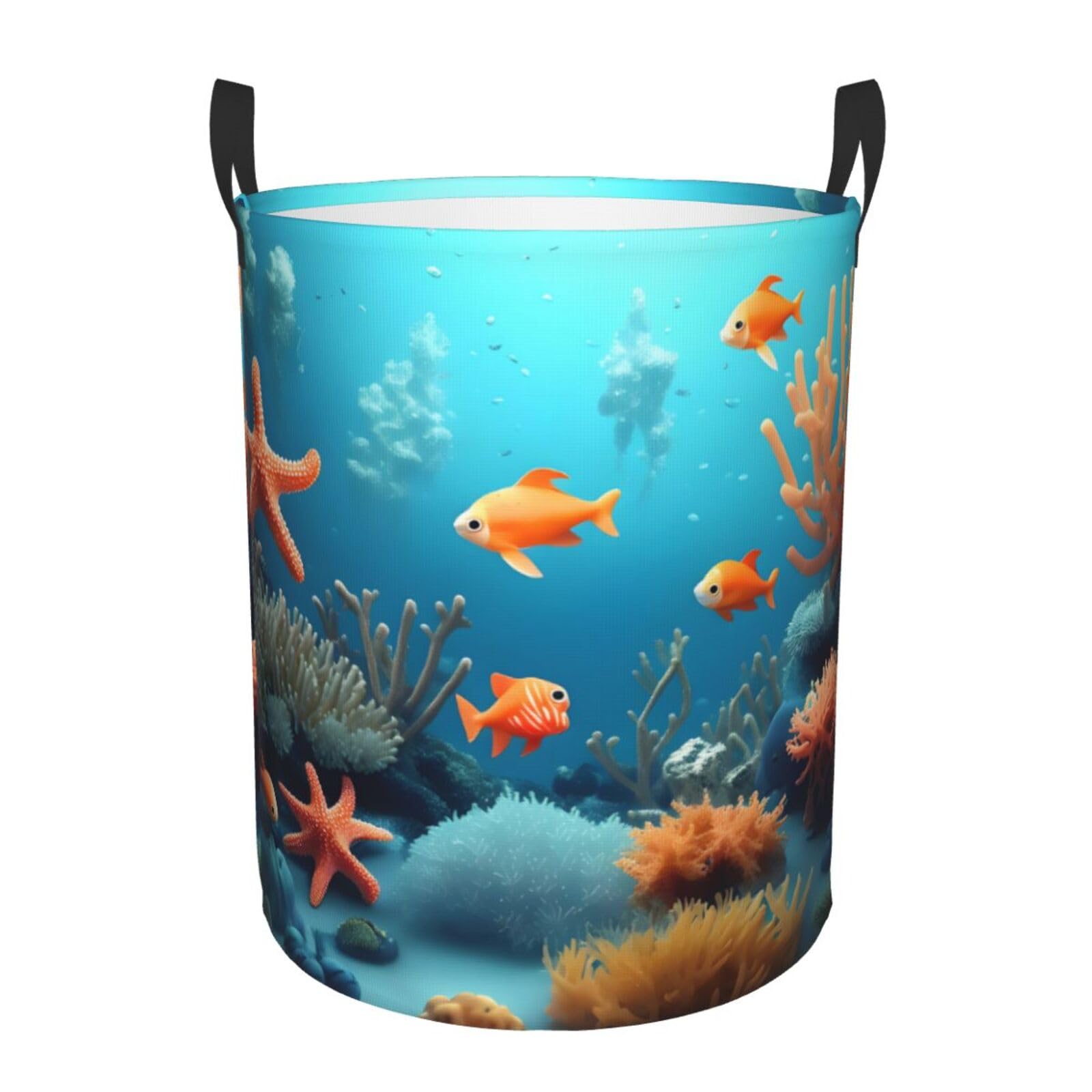 S Collapsible Coral Fish underwater Print Circular Hamper Round