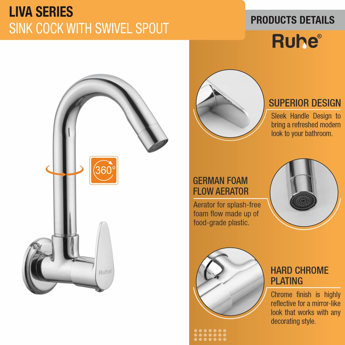 Ruhe Chrome Sink Cock - Flexible Swivel Faucet -5 Ruhe Chrome Sink Cock - Flexible Swivel Faucet -5