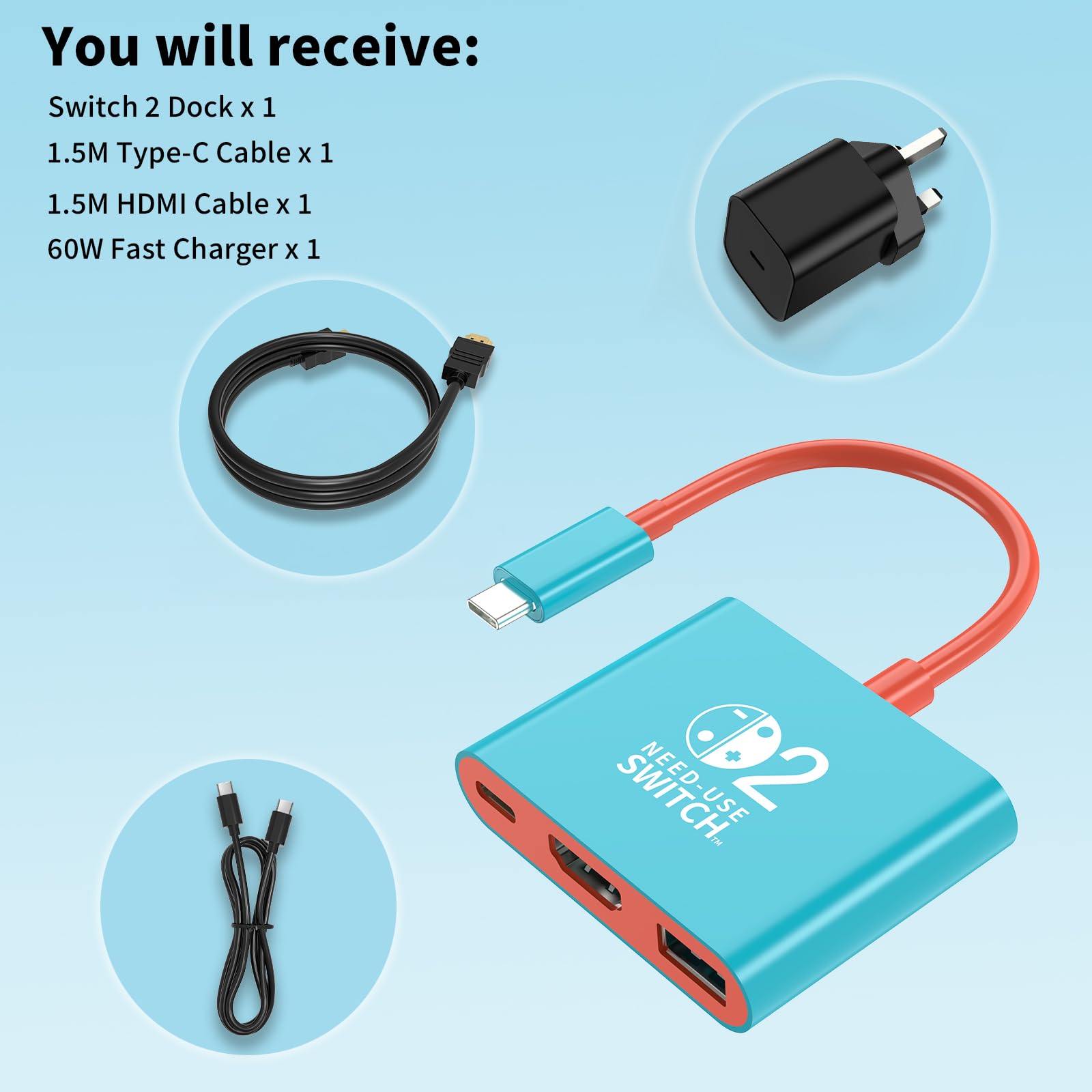 Switch 2 Dock with 60W Charger and HDMI Cable, Official replacement for the NS2 Dock with 4K/60Hz HDMI 2.0, PD 100W & USB 3.0, Portable Docking Station for Nintendo Switch 2 (2025), Switch 1 and OLED — view 7