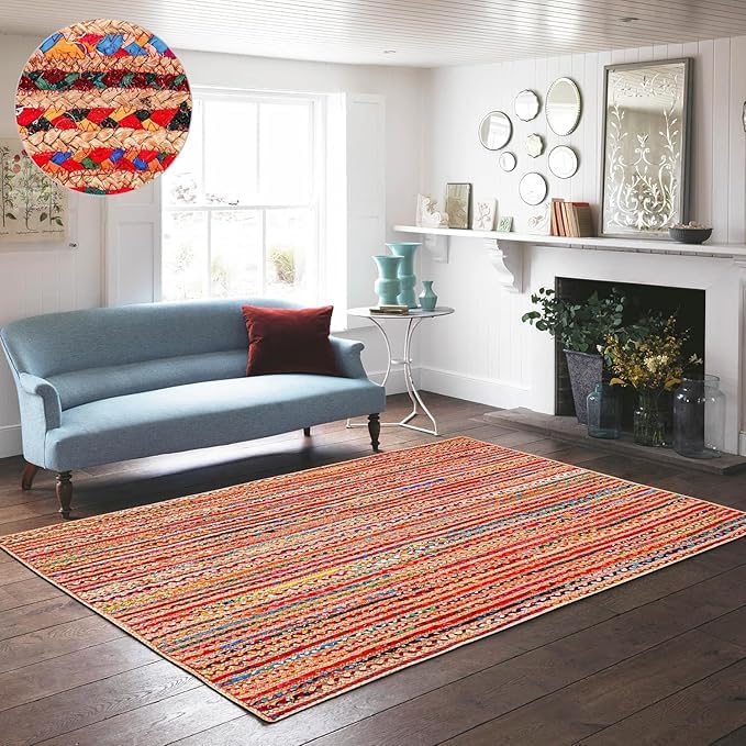 Tapis carré en coton et jute naturelle tressée à la main – Réversible et durable – Tapis bohème style rustique pour salon, salle à manger et chambre à coucher – 0,9 m