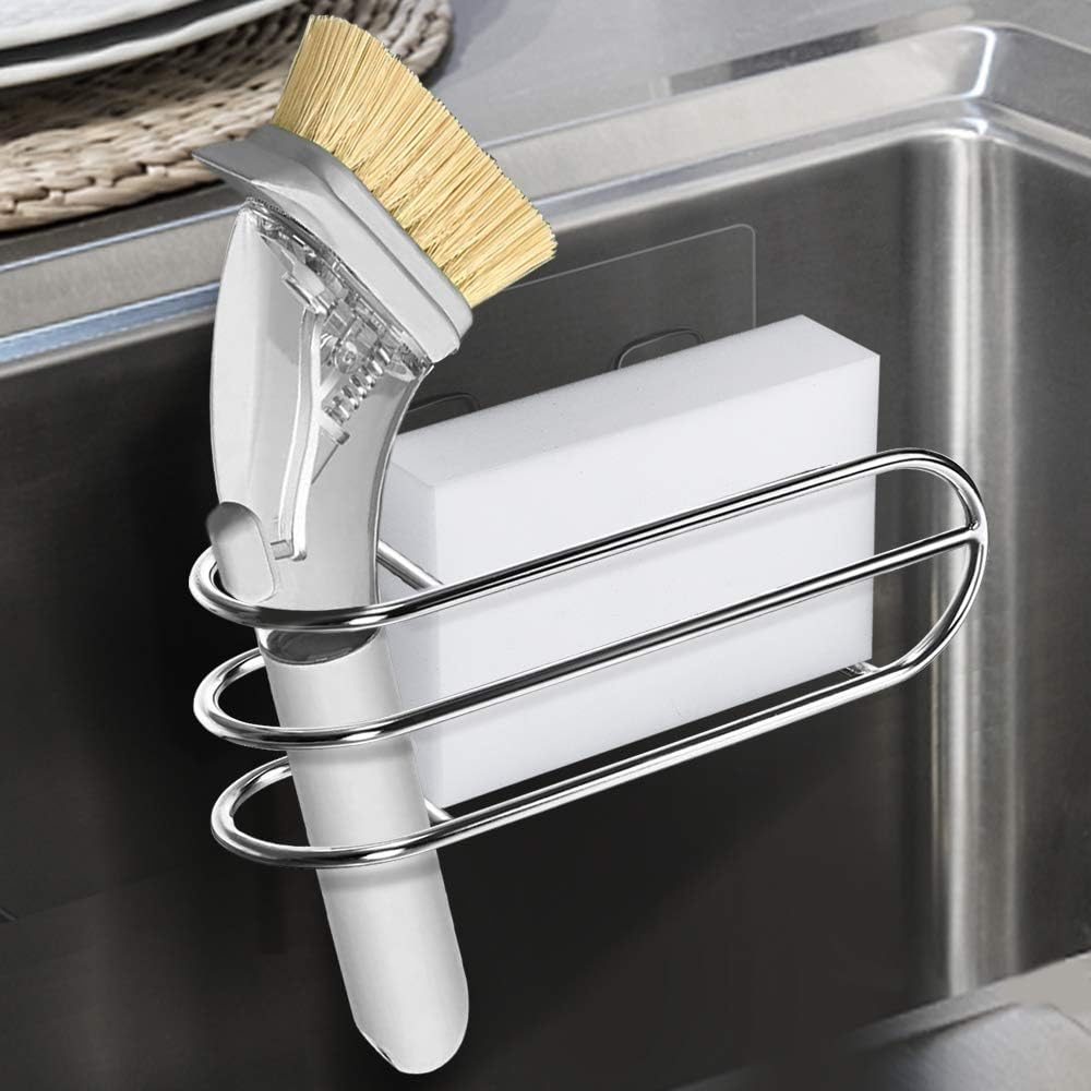 Orimade 2-in-1 Adhesive Sponge & Brush Holder Scrub Brush Storage Kitchen Sink Caddy Organizer Stainless Steel No Drilling