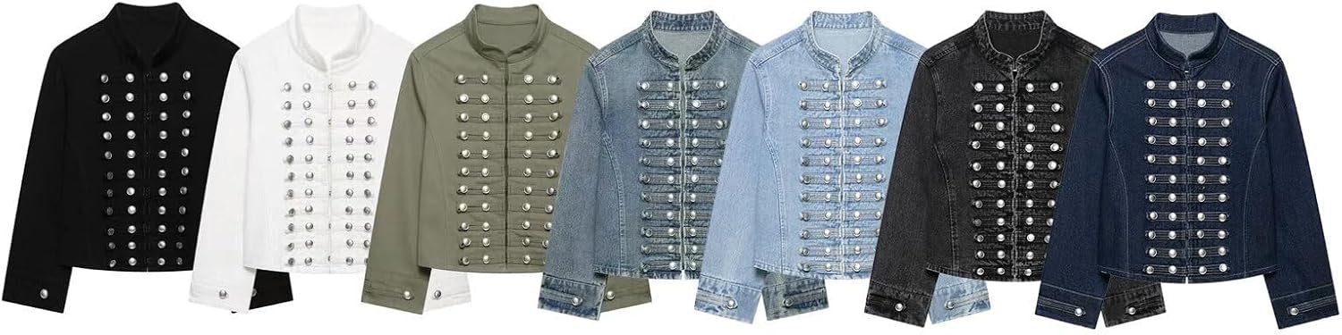 F526111 Women's Military Style Denim Jacket, Stand Collar with Silver Button Detail (US, Alpha, Large, Regular, Long, White)