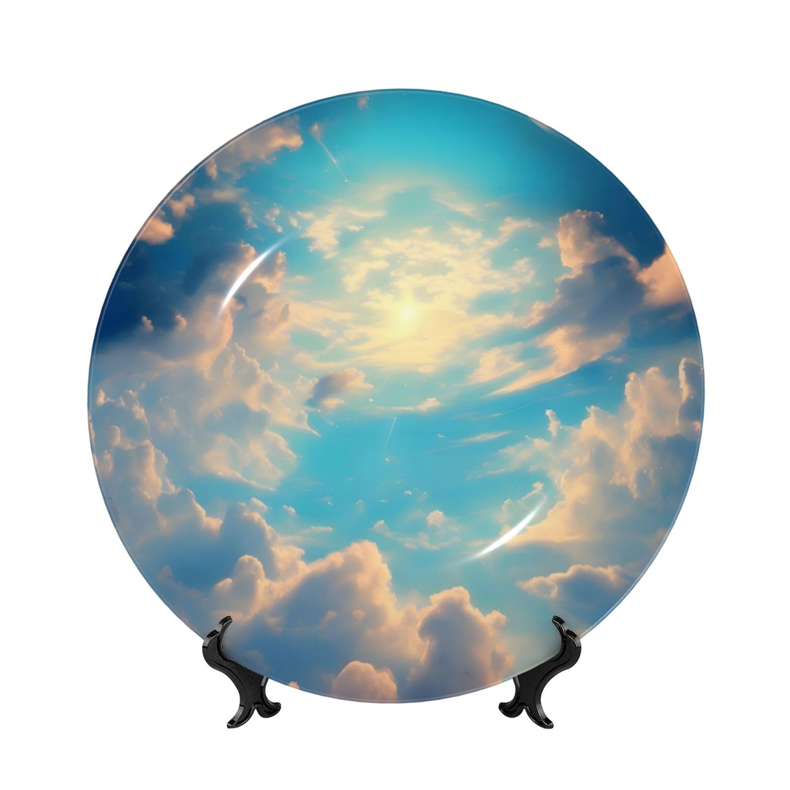 SXZVVBN Cloudy Sky Bone China Decorative Plate Art with Stand Removable Adhesive Hanging for Home Office 7in