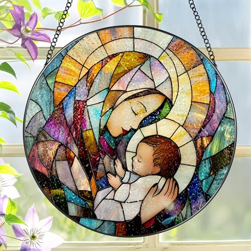 Baby Jesus and The Holy Mother Mary Sun Catcher, 8 Inch Stained Glass Window Hanging, Stained Glass Decor, Christian Home Decor, Christian Gifts for Women, Religious Gifts for Women