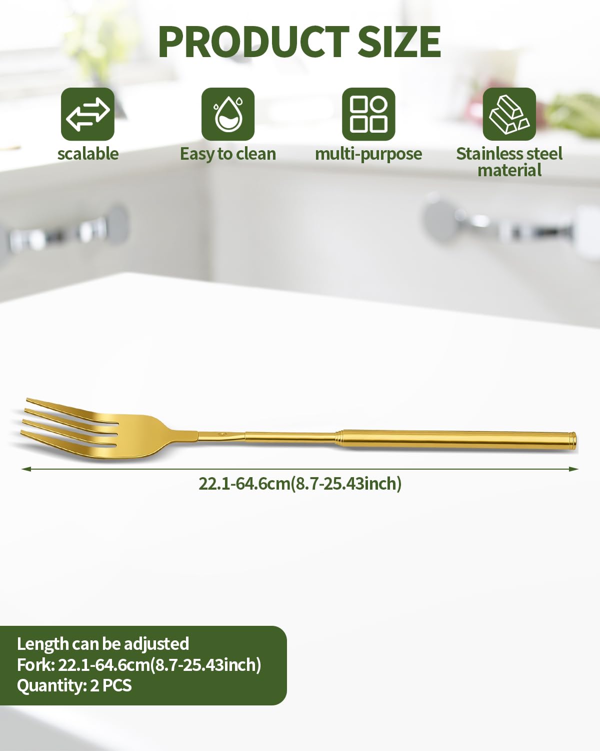 2 PCS Extendable Fork, Long Telescopic Forks, Expandable 8.7-25.4"(Gold) — Amazon image 2