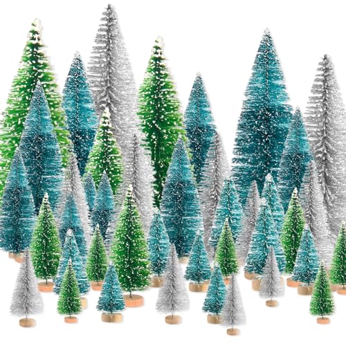 30Pcs Silver Green Artificial Mini Christmas Trees, Bottle Brush Christmas