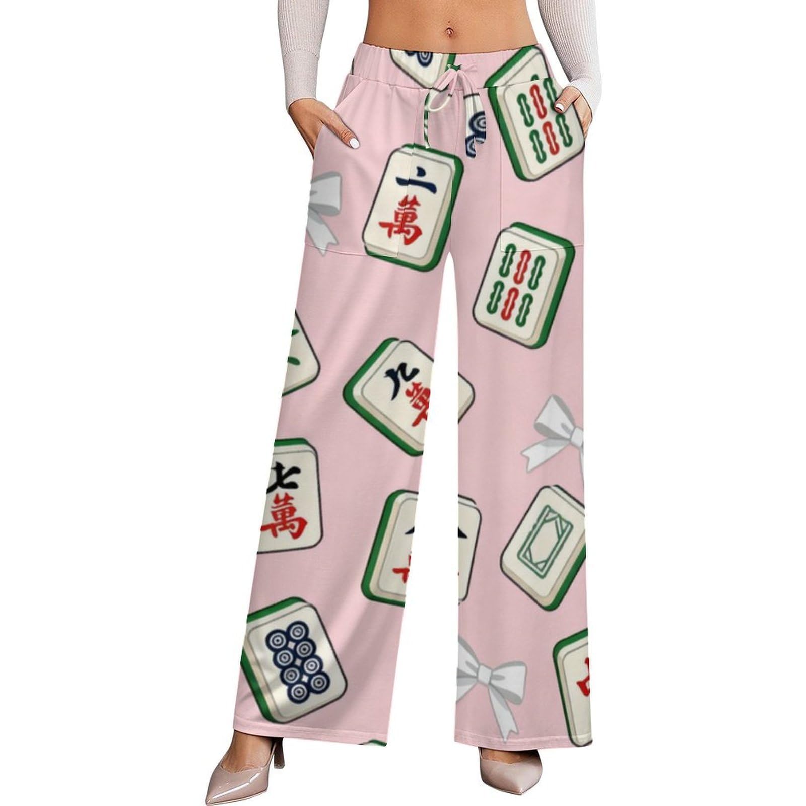 Pink Mahjong Hearts Wide Leg Pants for Women Elastic High Waisted Womens Casual Palazzo Lounge Pants