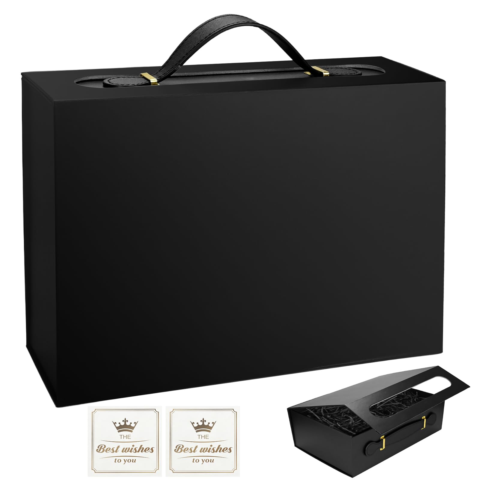 Black Gift boxes for Presents - Premium Gift Box with Lids & Leather Handle, Medium Magnetic Box with Card Confetti, Flat Pack Presentation Boxes for Birthday Wedding Christmas, 28x20x9 cm