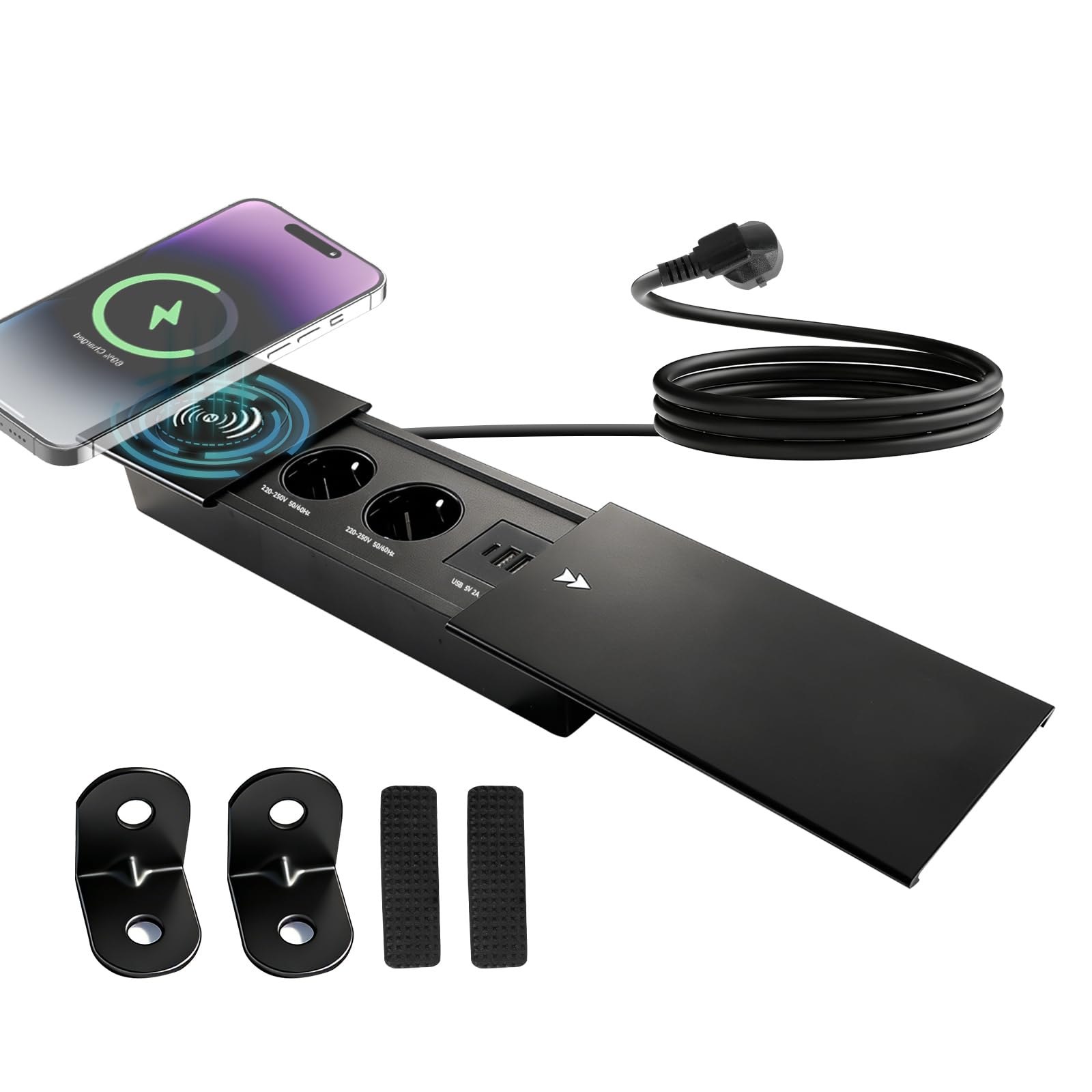Ciabatta elettrica da incasso, 2 prese, a scomparsa, con caricatore wireless da 15 W, e USB-C, presa a scomparsa con coperchio scorrevole per scrivania, divano, tavolo da conferenze