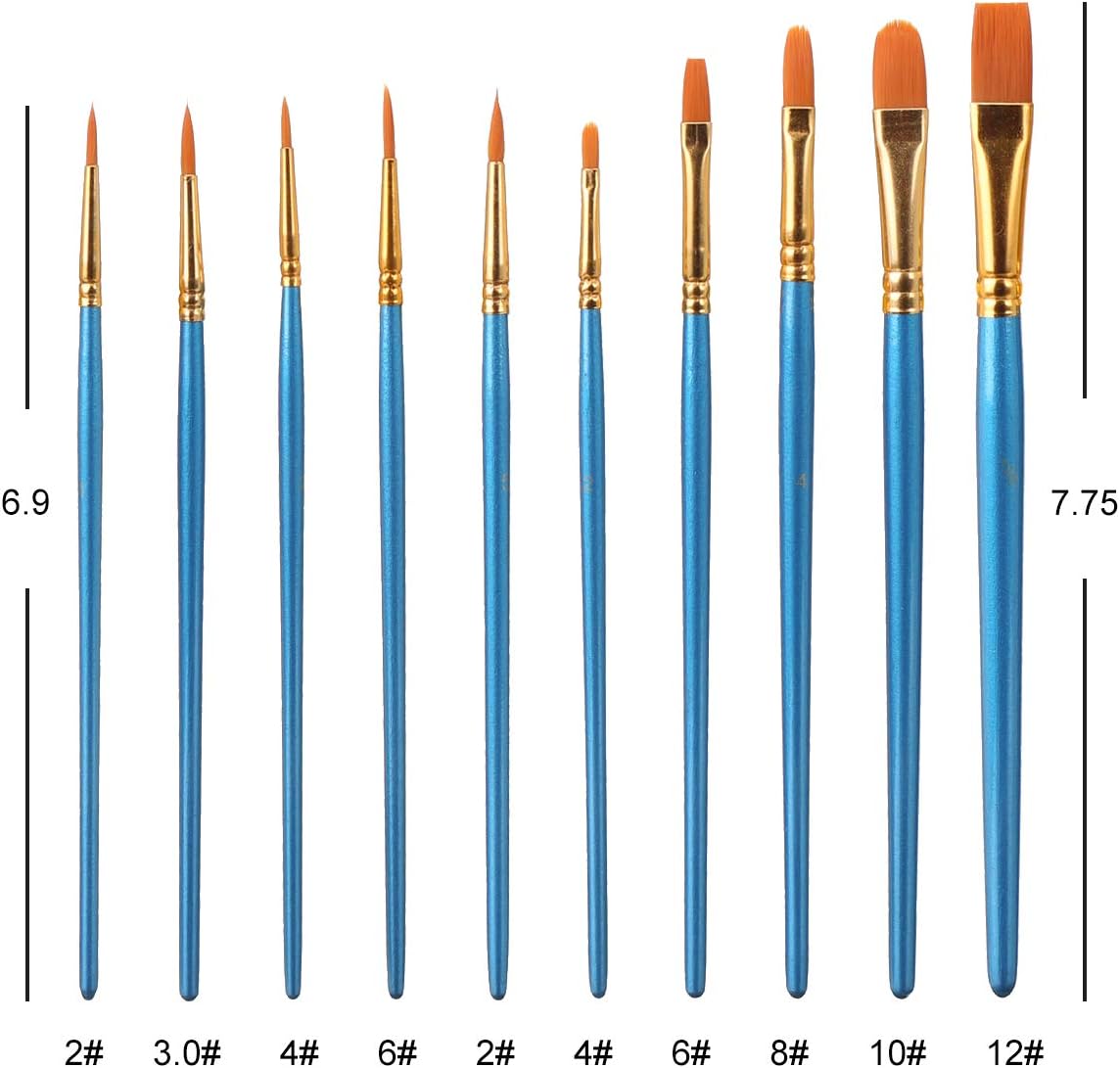 Elisel Paint Brush Set, 10 pcs Nylon Hair Art Paint Brushes for Acrylic Painting for Acrylic Oil Watercolor, Face Nail Art, Miniature Detailing and Rock Painting (Blue)