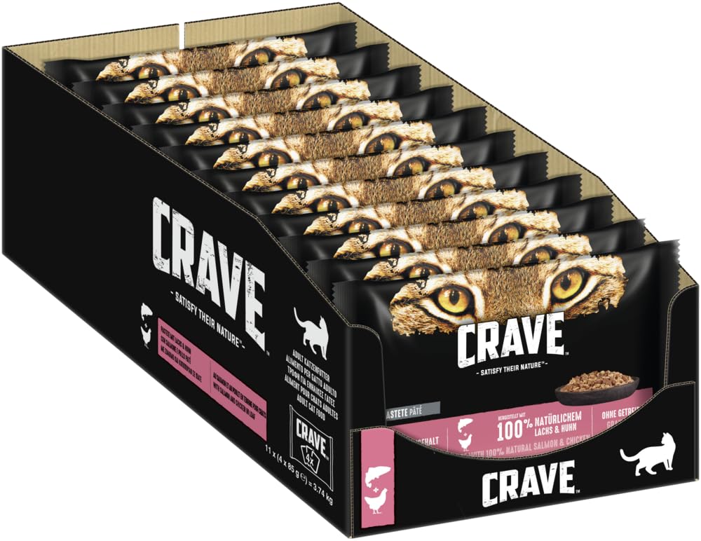 CRAVE Comida para Gatos, sin Cereales, Rica en proteínas, para paté con salmón y Pollo, 44 Bolsas de porciones (11 x 4 x 85 g), 3740 g
