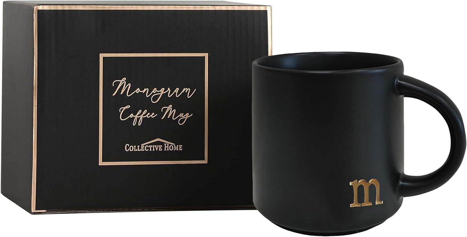 COLLECTIVE HOME - Black Monogram Ceramic Mugs, 15 oz Golden Initial Coffee Cups, Elegant Alphabet Tea Mugs, Personalized Halloween Mug with Gift Box, Perfect for Office and Home Décor (m) - Image 8