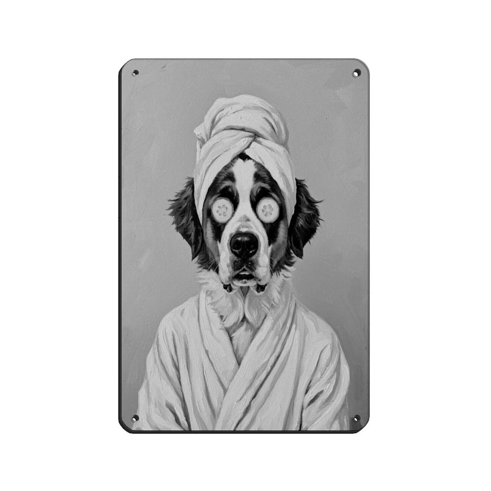 Dog in Bathrobe Headwrap And Cucumber Slices on Eyes Retro Poster Metal Tin Sign Chic Art Retro Iron Painting Bar People Cave Cafe Family Garage Poster Wall Decoration 8x12inch(20x30cm)