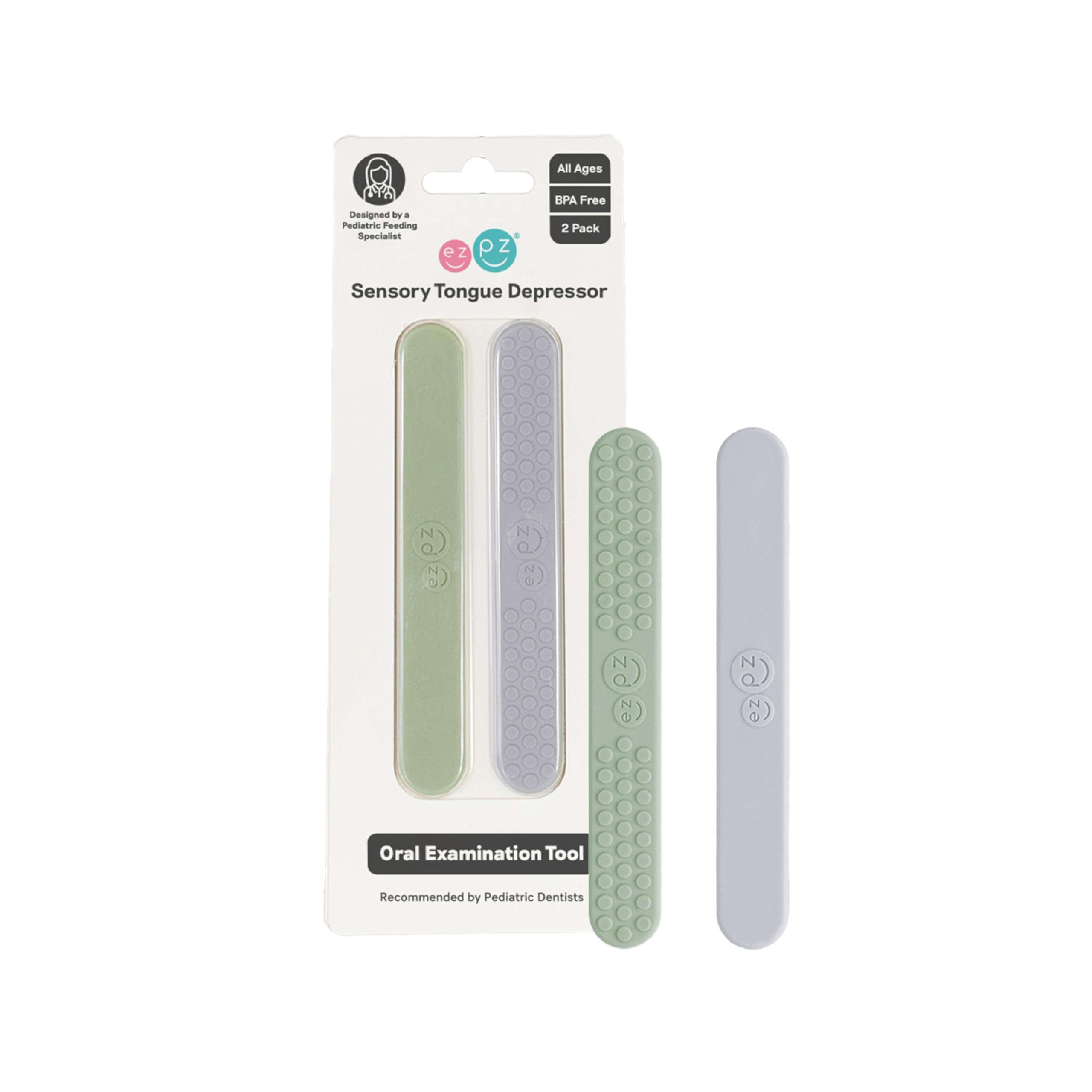 ezpz Sensory Tongue Depressors - All Ages (2 Pack in Sage/Pewter) - Silicone/Stainless Steel Tongue Depressor for Visibility Into The Mouth + Healthy Oral Care Routine