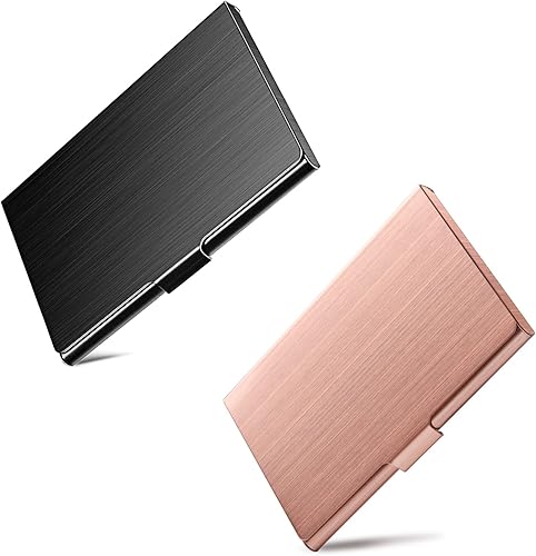 Tarjetero de metal delgado negro + funda de oro rosa, funda delgada para tarjetas de visita para hombres y mujeres, funda de tarjeta de metal de