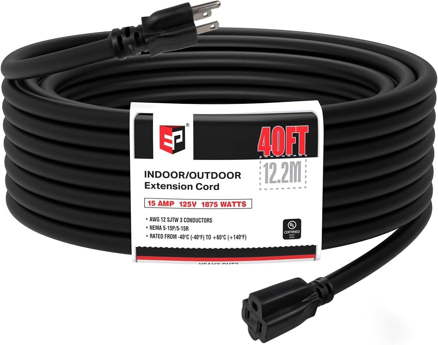 EP 12/3 40 FT Indoor Outdoor Black Extension Cord Waterproof, 12
