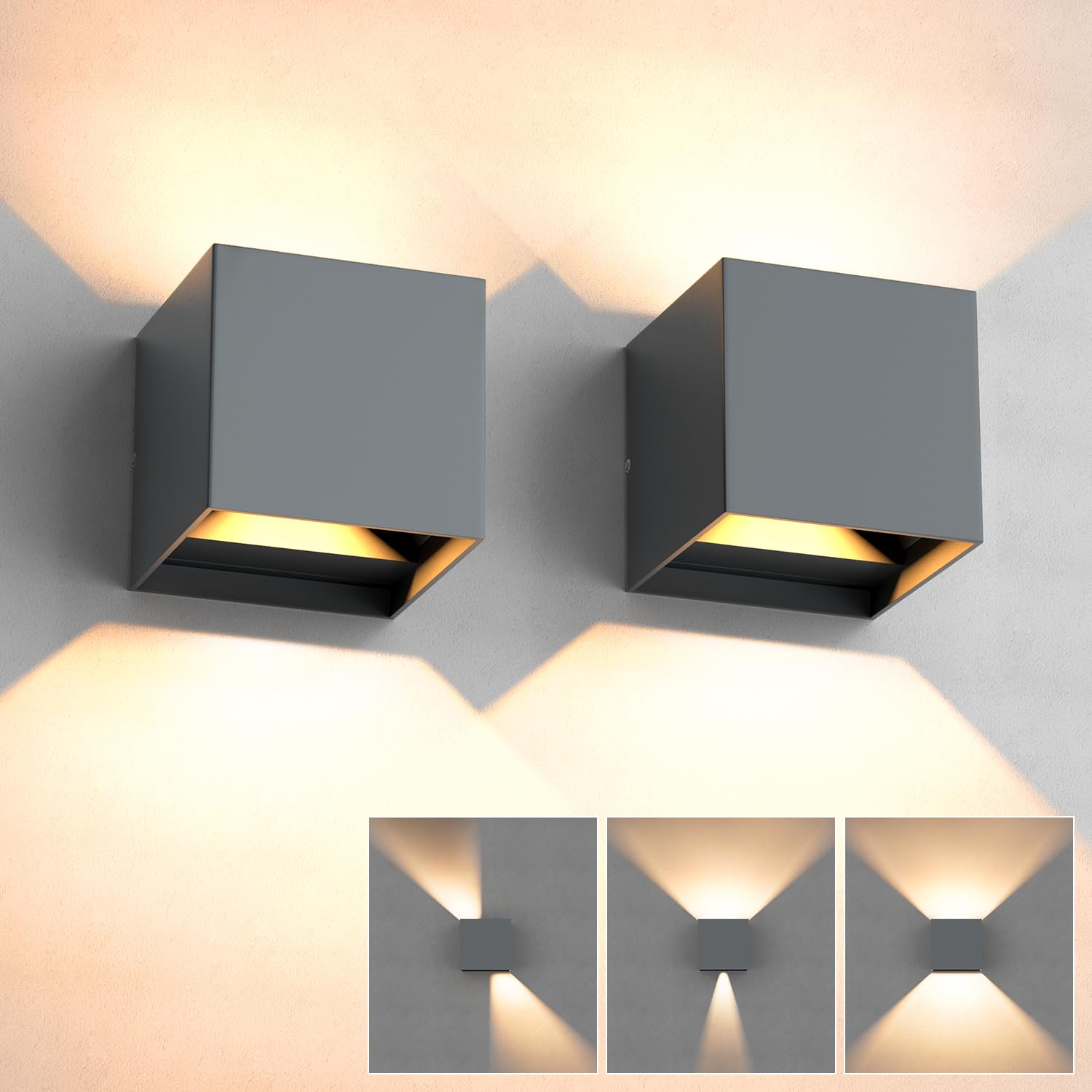 2 Pezzi Applique da Parete Esterno/Interno, 12W LED Lampada da Parete 3000K Bianco Caldo Angolo del Fascio Regolabile Applique Moderne in Alluminio IP65 Impermeabile - Grigio