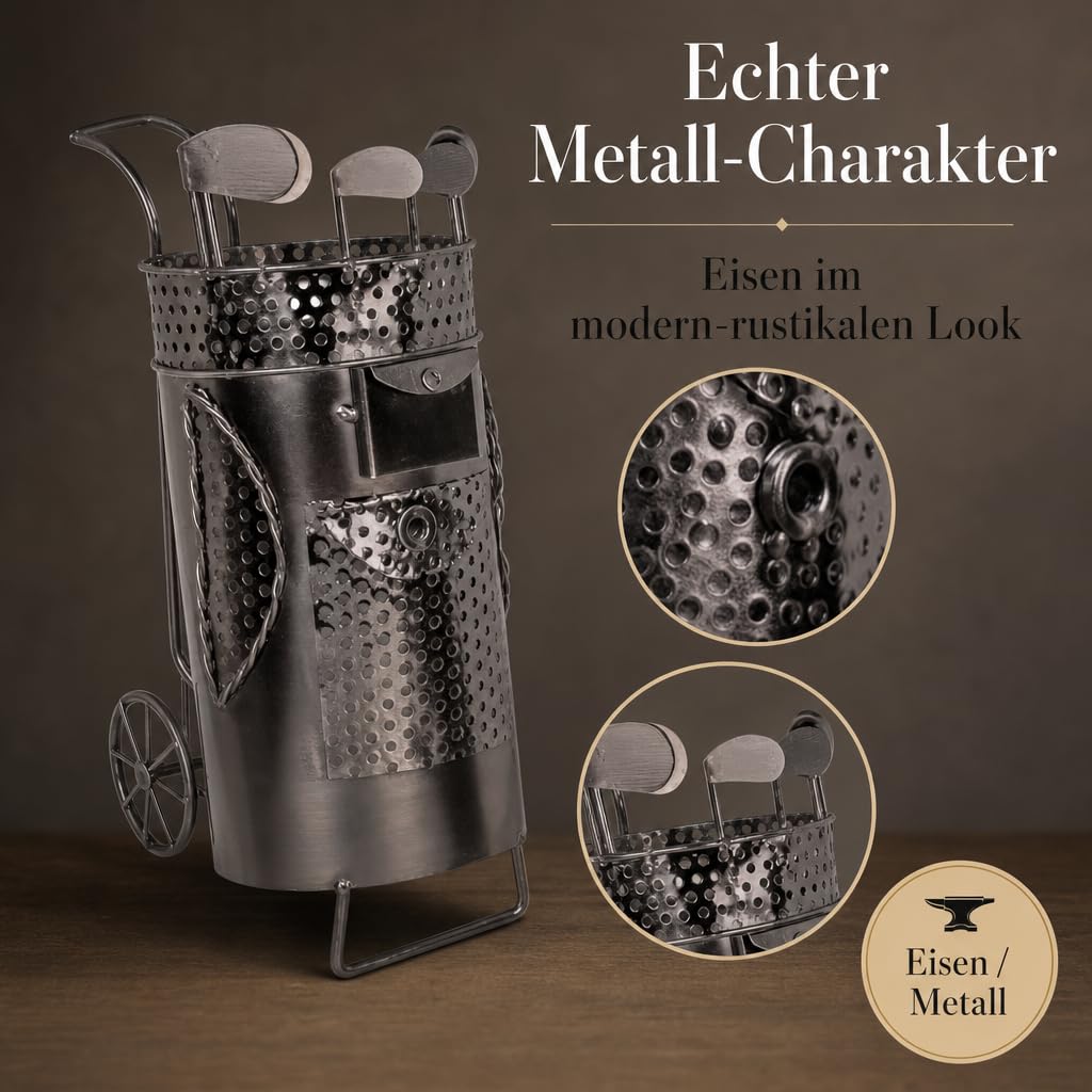 MIJOMA Porte-bouteille de vin sac de golf en métal - Porte-vin décoratif pour 1 bouteille - Fait à la main - Cadeau de golf - Porte-bouteille original pour vin, fer, 13 x 10 x 25 cm