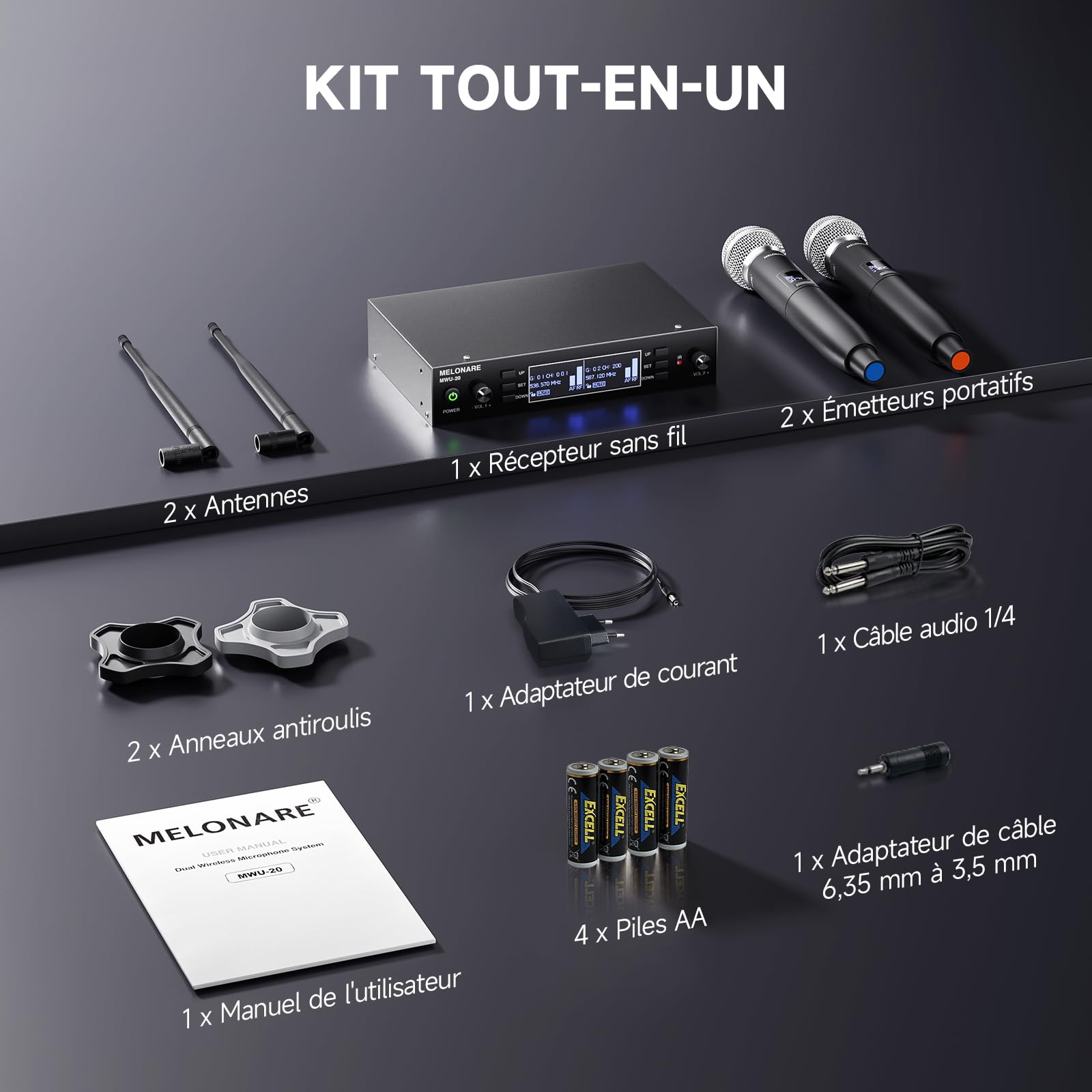 MELONARE Système Micro Sans Fil UHF Double Auto Scan MWU-20-2H