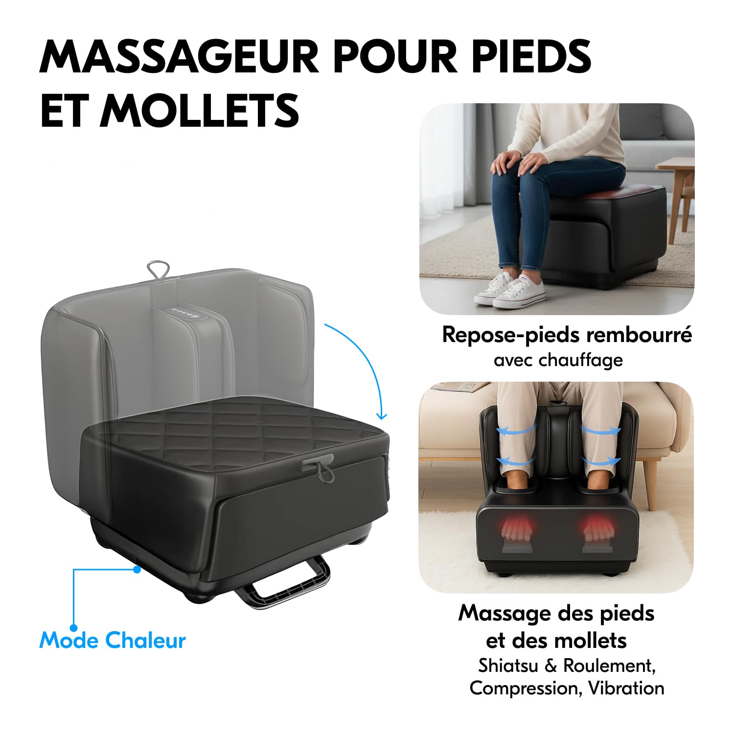 Masseur de pieds et jumeaux 2 en 1 avec chaleur, shiatsu, compression, vibration et pétrissage | Masseur pour pieds, chevilles et jambes | Soulagement de la fatigue et de la fasciite plantaire
