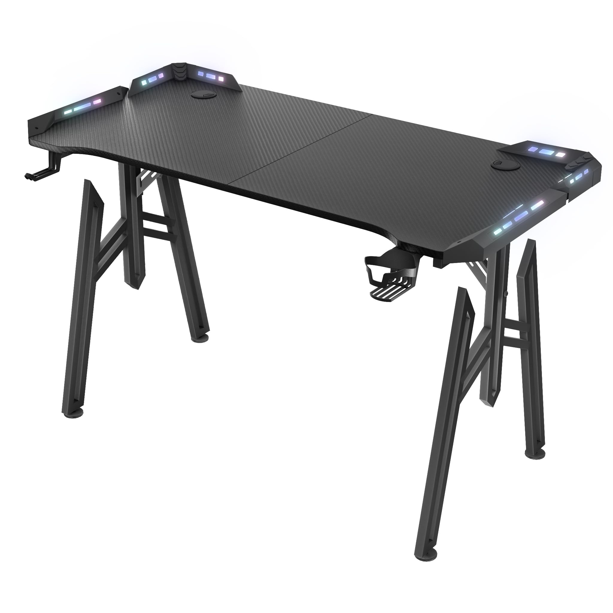 NAIZY Mesa de gaming 160 cm LED escritorio incluye soporte para auriculares, soporte para vaso de agua y orificio para cable, mesa de ordenador de fibra de carbono para PC Gamer, en marco M