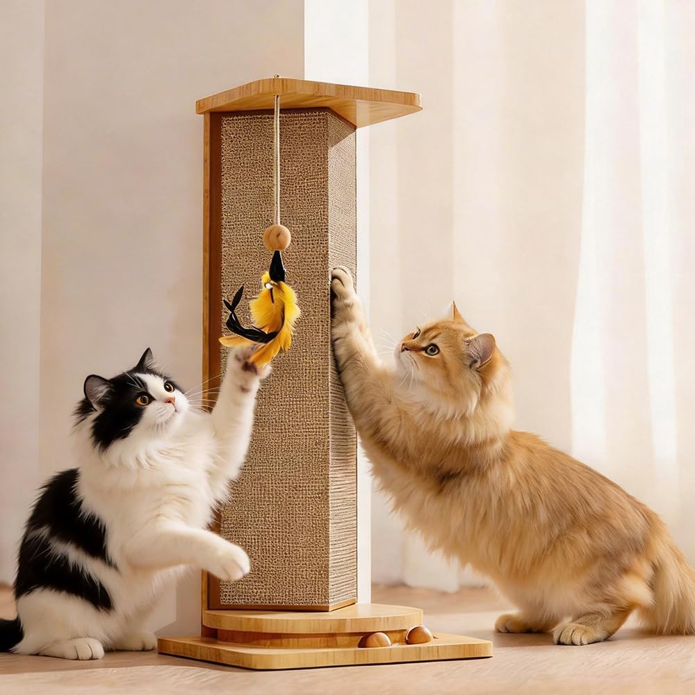 Wxeadu Corner Cat Scratching Post, 58CM Sisal Cat Scratch Post with Turntable & Feather Toy, Durable Cat Scratcher Post for Sofa and Wall, Fun Scratching Post for Cats to Trim Claws