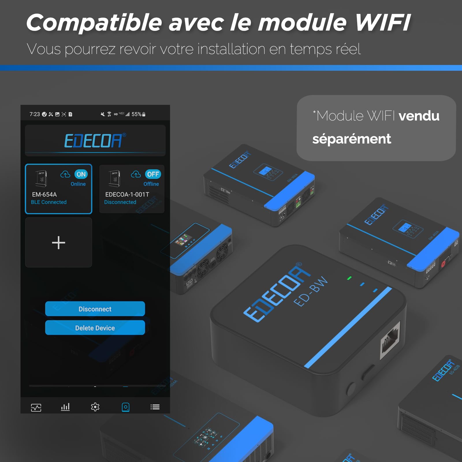 EDECOA 6200w Onduleur Hybride 48v 230v 7000VA Chargeur Solaire MPPT 110A Pur Sinus Off-Grid Chargeur de Batterie, priorité au réseau, régulateur de Charge Solaire (Module WiFi Compatible)