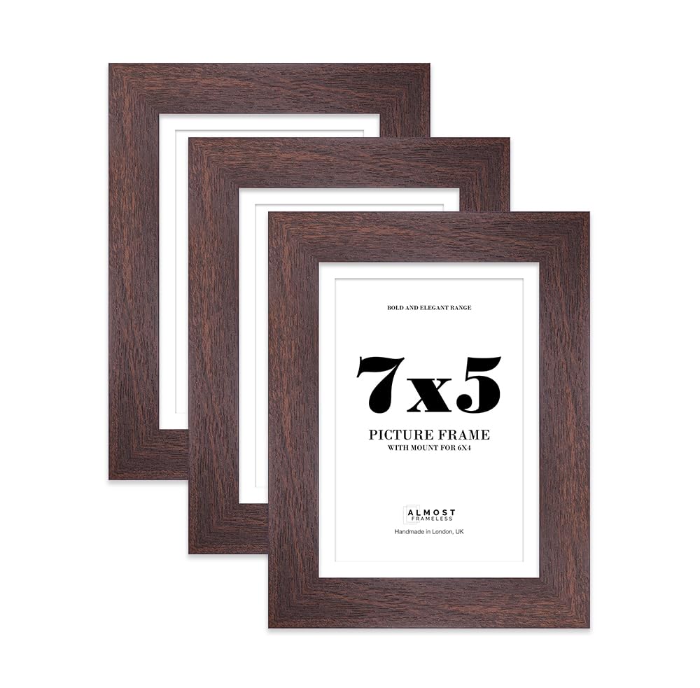 7x5" Walnut Frame With Mount for 6x4" Pictures 28mm Edge Portrait and Landscape Display with Wall Hooks and Kickstand, 3 Pack