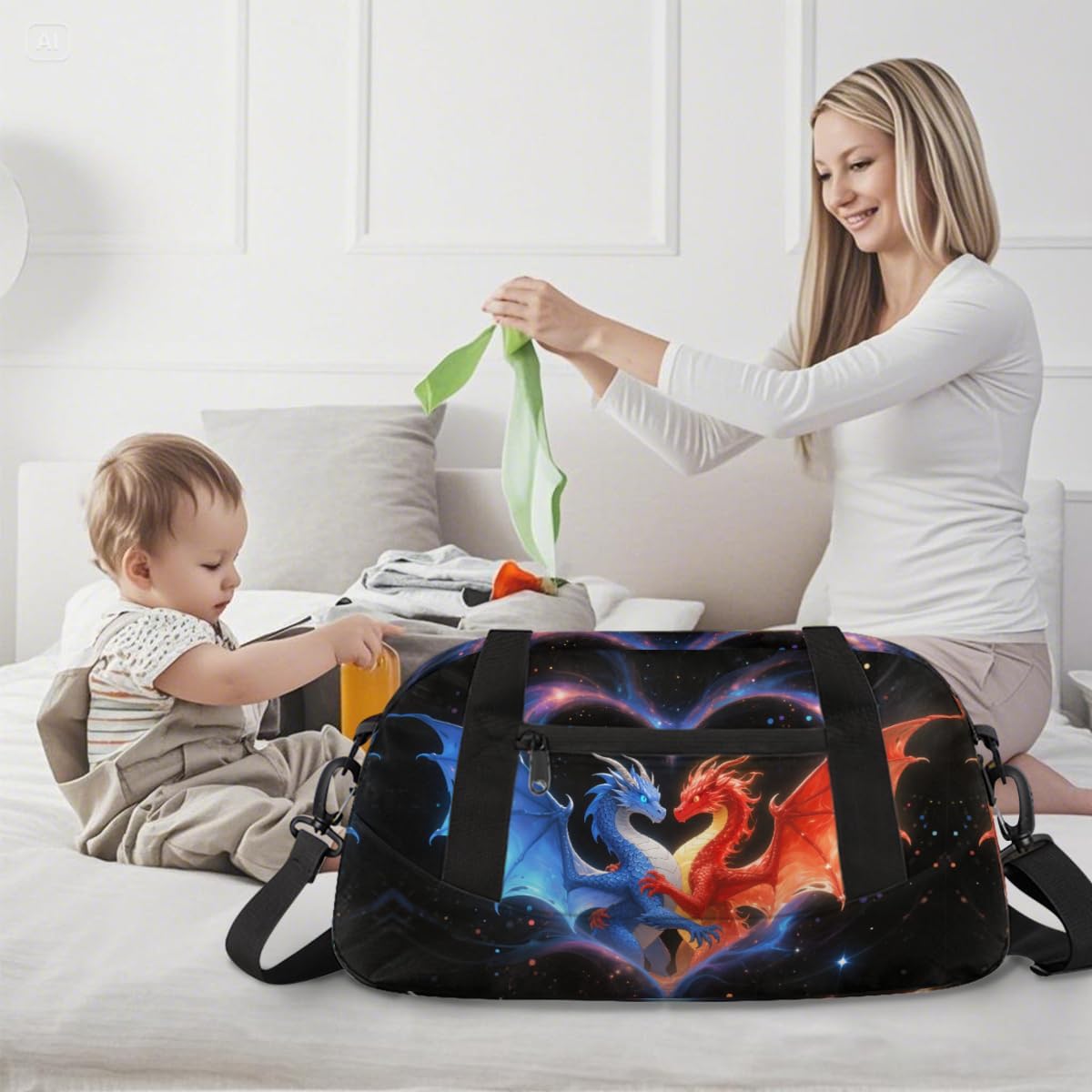 Gym Travel Duffle Bag for Boys - Red Blue Dragon Kids Overnighter Weekend Bag with Front Zipper Pocket for School Practice, Teens Carry-On Size Sleepover Bags