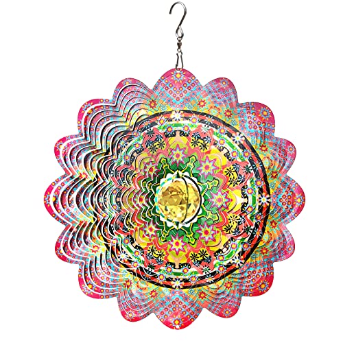 FONMY Mandala Wind Spinner w/Crystal Ball-Romatic Flower 3D Stainless Steel Hanging Spinners Worth Gift Christmas Decoration Indoor/Outdoor Garden Décor Kinetic Yard Art 12 Inches Wind Sculpture