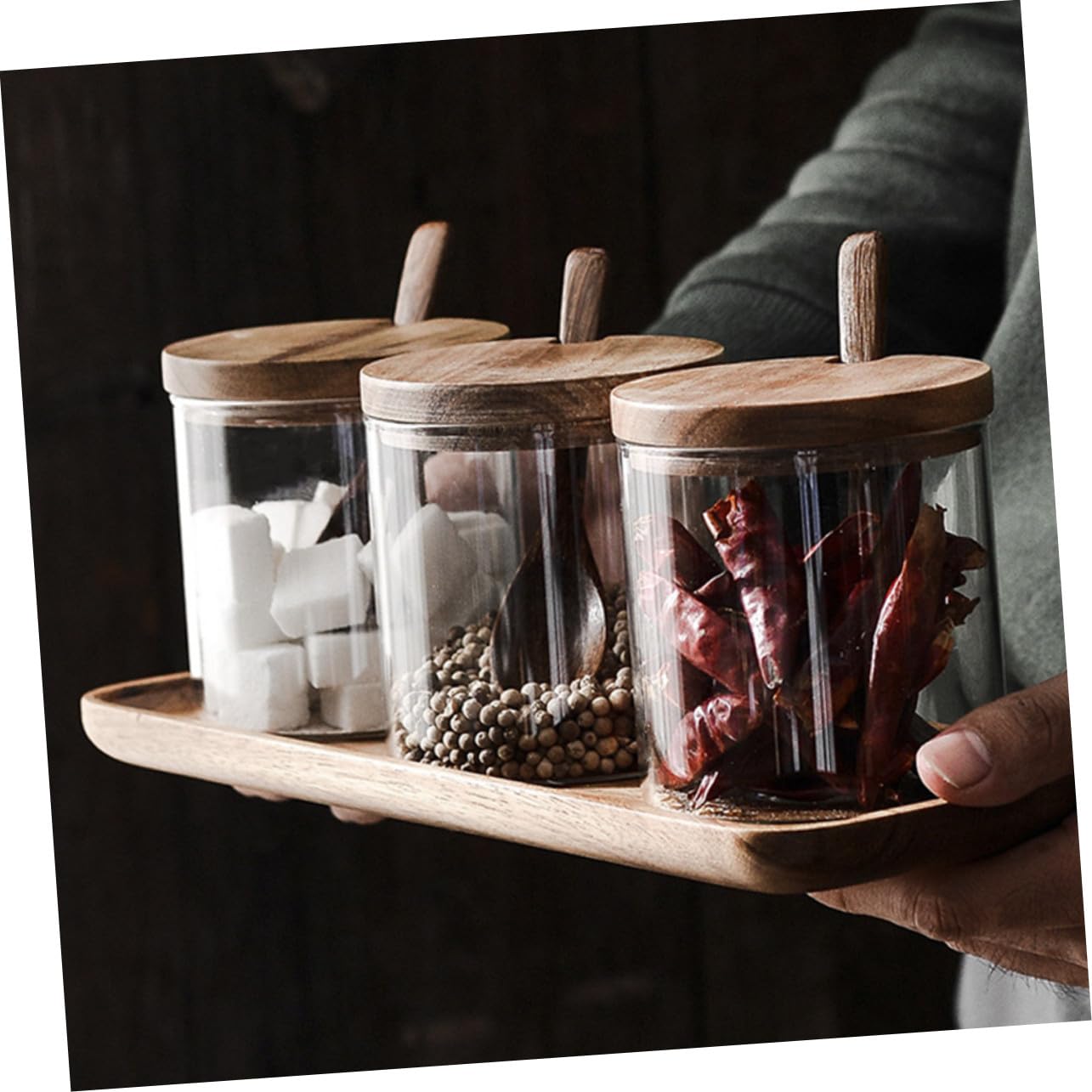 SHINEOFI Glas Gewürzglas mit Holzdeckel Löffel und Tablett Klare Aufbewahrungsgläser für Küche Multifunktionale Gewürzdosen für Salz Zucker und Gewürze Stilvolles Küchenzubehör